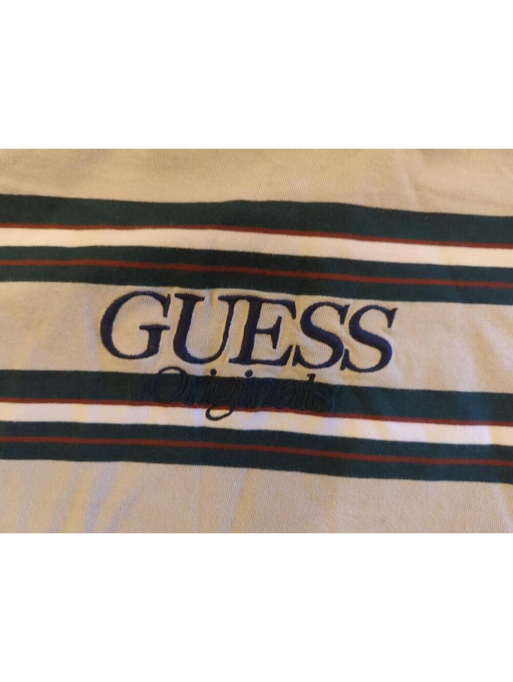 Guess Originals T-Shirt Mens M Grey Striped Size Medium Navy White Retro Cotton